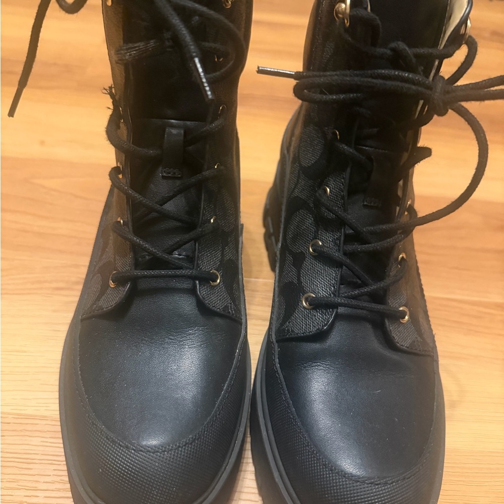 Coach Black Signature Lace-Up Lug-Sole Ankle Boots - Picture 7 of 8